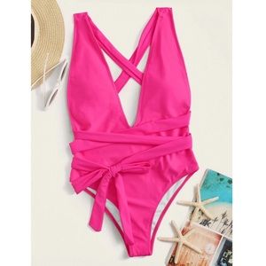 Pink Deep Plunge Criss Cross One Piece Swimsuit